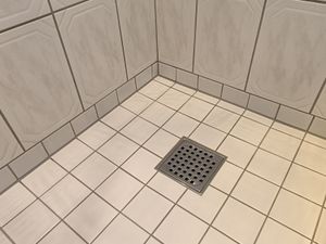 Billede af en bruseniche som har fået skiftet fuger.